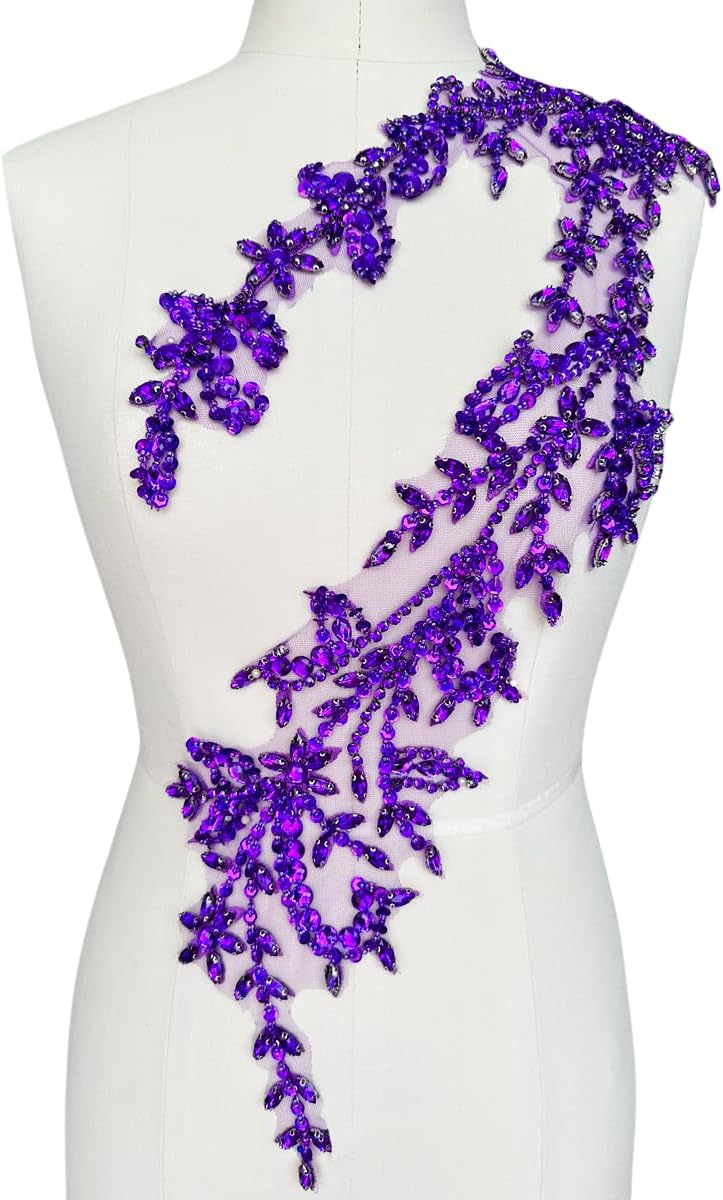 PLune Handmade Shining Acrylic Rhinestones on lace Applique Sewing Beads Stones Trim Patches Accessories for Wedding Dress (Purple) - Image 4
